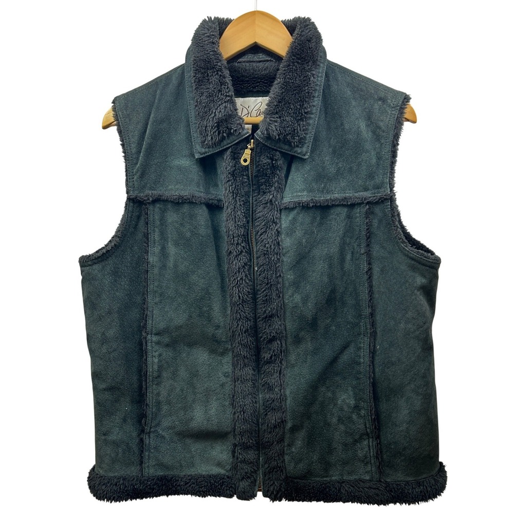 D'Carlo Leather Shearling Vest Women L Forest Green Black Lined Zip Winter Wear‎